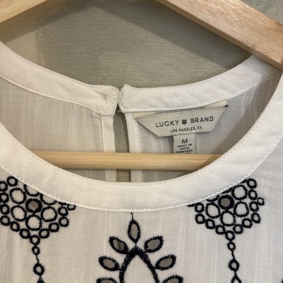 Lucky Brand Blouse, White Flowy with Navy Detail | Size M - Picture 3 of 12